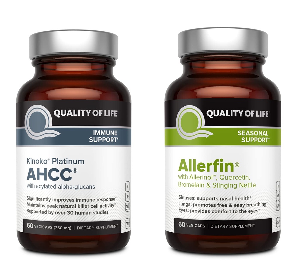 Life Immune Health Bundle의 품질 - Kinoko Platinum AHCC 750mg 및 Allerfin의 특징