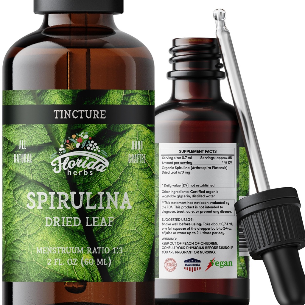 Spirulina Tincture, 유기 Spirulina 추출물 (Arthrospira Platensis) 초본 보충교재, 찬 압박된 유기 식물성 글리세린, 700 mg, 2개 oz (60 ml)에 있는 비 GMO