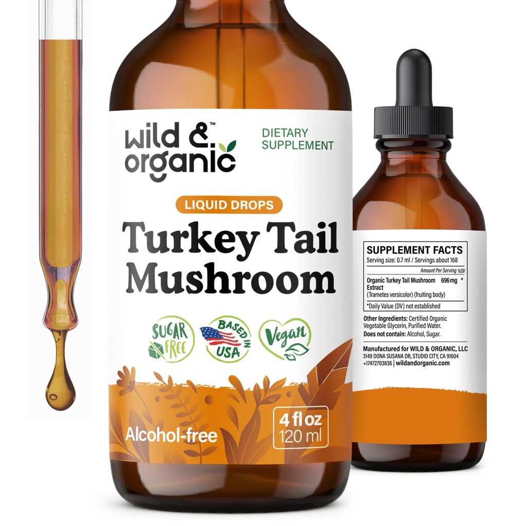 Wild & Organic Turkey Tail Mushroom Tincture - 터키 꼬리 추출물이있는 면역 지원 드롭 - Gut Support 용 액체 버섯 보충 - Vegan, Sugar & Alcohol-Free - 4 fl oz