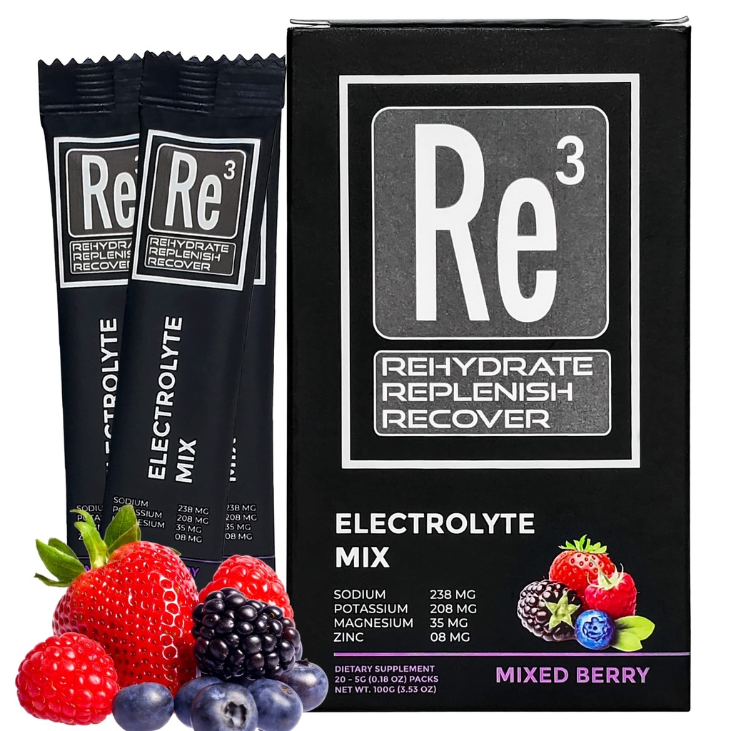 Re3 - Rehydrate - 보충 - Electrolyte 분말 패킷을 복구. 설탕 없음, 7 칼, 1.4 탄수화물. 비타민과 미네랄의 최고의 혼합 (Mixed Berry)