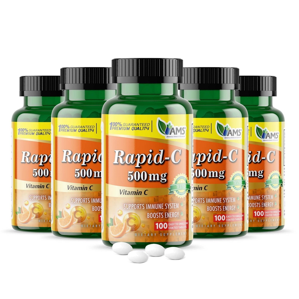 미국 Medic & Science Rapid-C 500mg 비타민 C 보충 500 정제 (5 팩 100 정제) 매일 면역 체계 지원, 산화 방지제 | Vegan, 비 GMO는 성인 남자 & 여자를 위한 아스코르브산을 입혔습니다