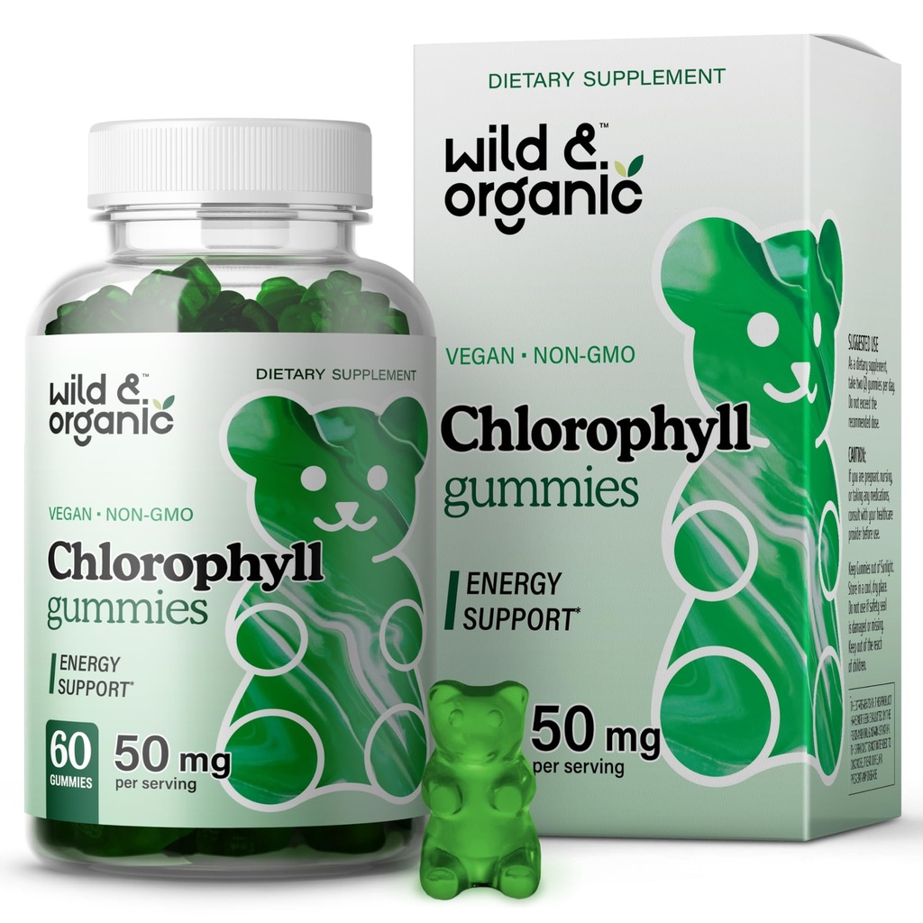 야생 & 유기 Chlorophyll Gummies 50mg - Detox Cleanse 보충 교재 w/Sodium 구리 Chlorophyllin - 내부 탈취제 w/Chlorophyll 분말 - Vegan, Non-GMO - 60 초본 Chews