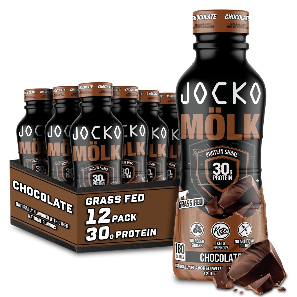Jocko Mölk 30g 잔디 Fed Protein Shakes - 추가 설탕 단백질 음료 KETO 친절 - 음료 준비 12 FL Oz (12 팩) 초콜릿