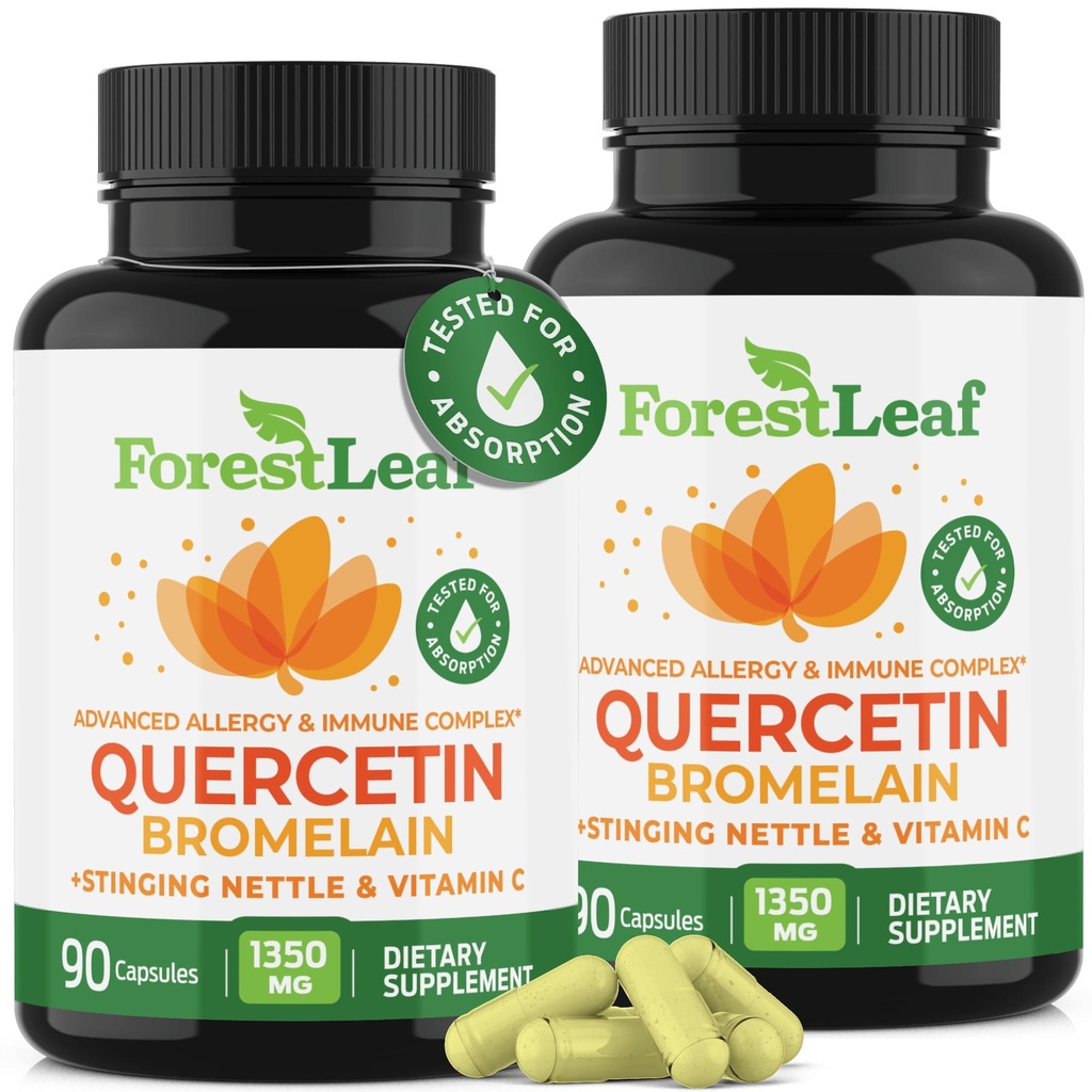 Bromelain을 가진 ForestLeaf Quercetin - 비타민 C & Sting Nettle, 진보된 Quercetin 500mg 보충교재, 비 GMO 글루텐 자유로운, 자연적인 면역력 & 호흡 기능 180 Veggie 캡슐을 가진 1350mg 혼합