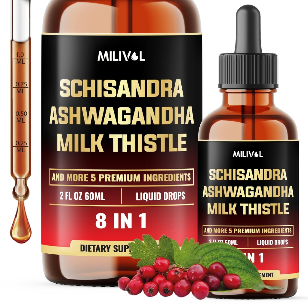 8in1 Schisandra Berry Drops with Milk Thistle, Ashwagandha, Rhodiola Rosea, Holy Basil, Artichoke, Dandelion Root & Turmeric Curcumin - 2 월 공급을위한 2 Fl Oz