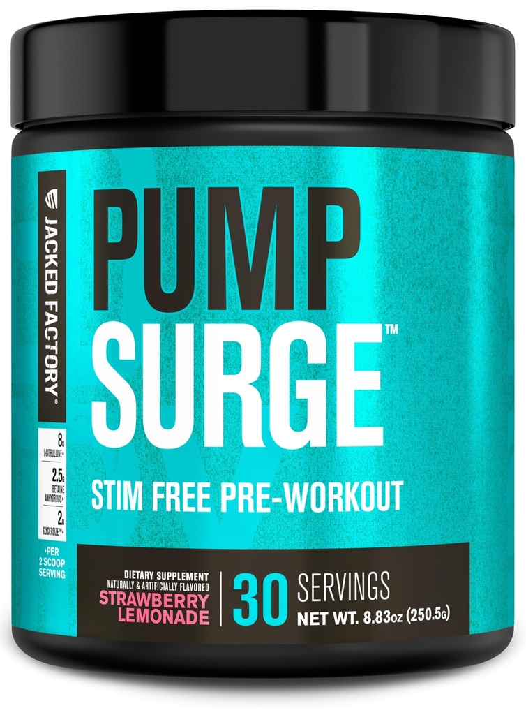 Jacked Factory Pumpsurge Caffeine Free Pre Workout for Men & Women - Nootropic Booster & Stim Free Pre Workout - 강렬한 펌프, 향상된 초점 - 30 서빙, Strawberry Lemonade