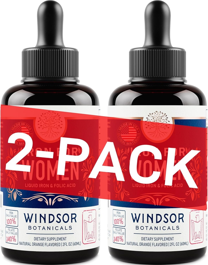 여성 2-Pack 용 WINDSOR BOTANICALS 액체 철 보충 - 엽산, 비타민 C, 빈혈, 생리, 임신 지원을위한 Vegan 액체 철 보충제 - 드롭 오렌지 맛 - 2x2oz