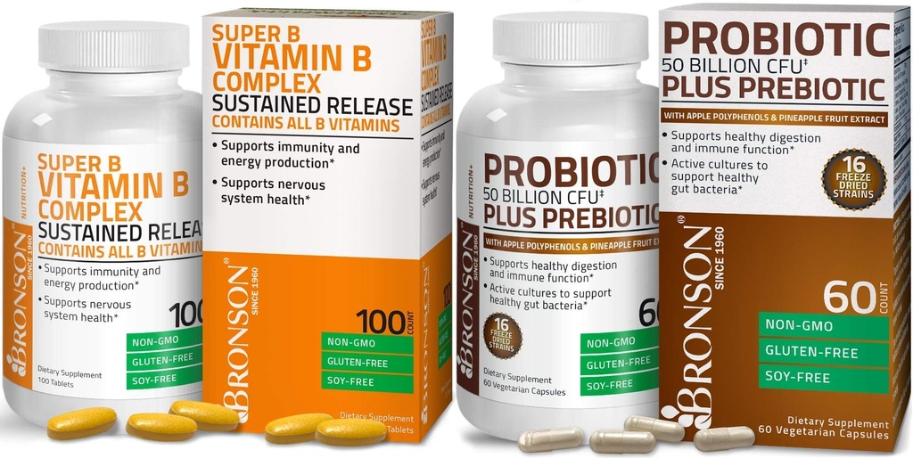 Bronson Probiotic 50 억 CFU + Apple Polyphenols & Pineapple 과일 추출물 + 비타민 B 복합 추출물
