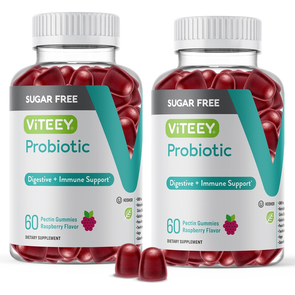여성, 남성 및 청소년을위한 Viteey Probiotic Gummies, 2 억 CFUs - Sugar Free - Immune Booster, Digestive Support, Gut Health - Vegan, Gelatin Free, GMO Free - 맛있는 Chewable Raspberry flavored Gummy