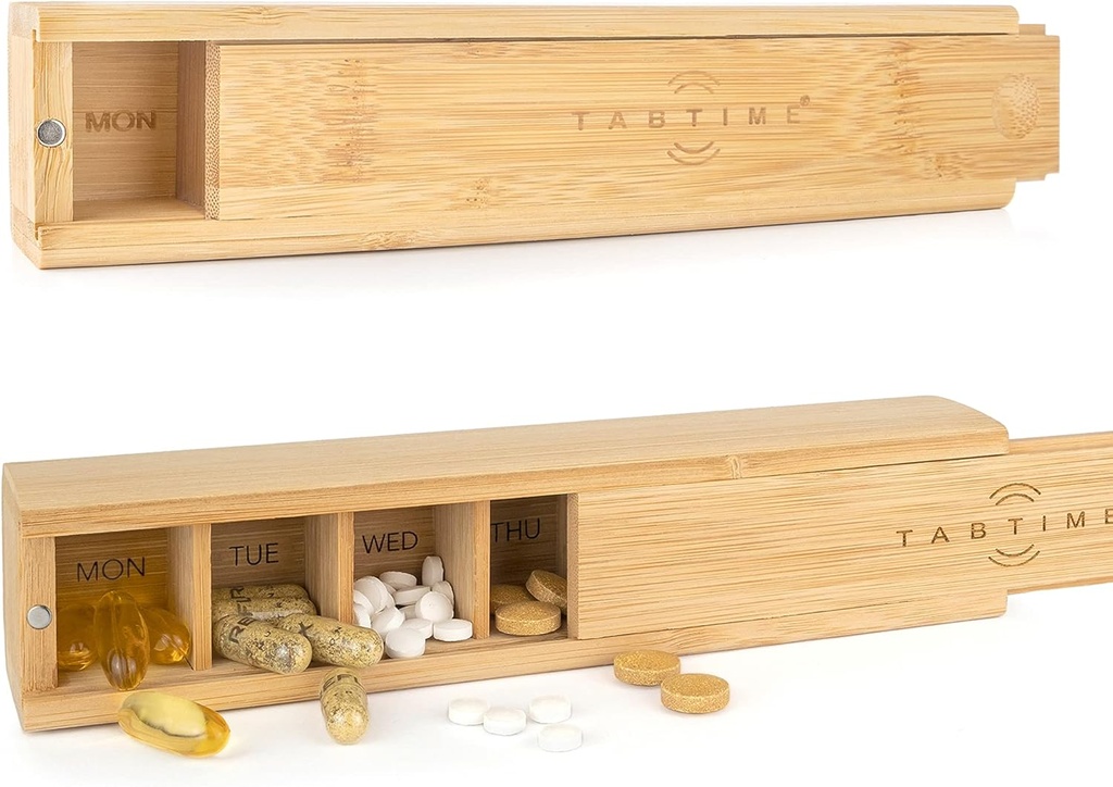 Bamboo Weekly Pill 주최자 - 7 Day Wood Tablet Box - 비타민 또는 보충제를위한 이상적인 Aesthetic Pill 주최자