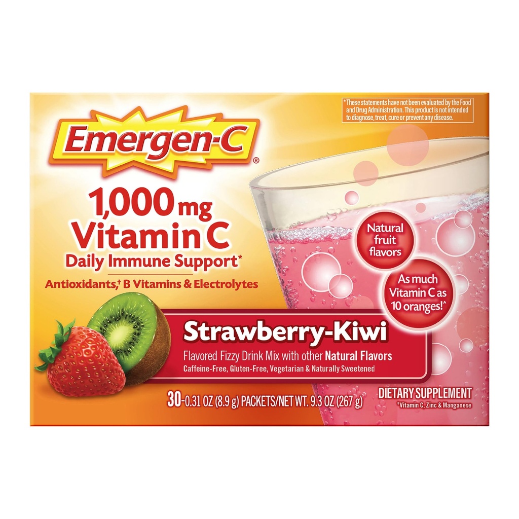 Emergen-C 1000mg 비타민 C 면역 지원 분말 Strawberry Kiwi 30CT에는 아연, 망간, 7 B 비타민 및 전해질이 포함됩니다.