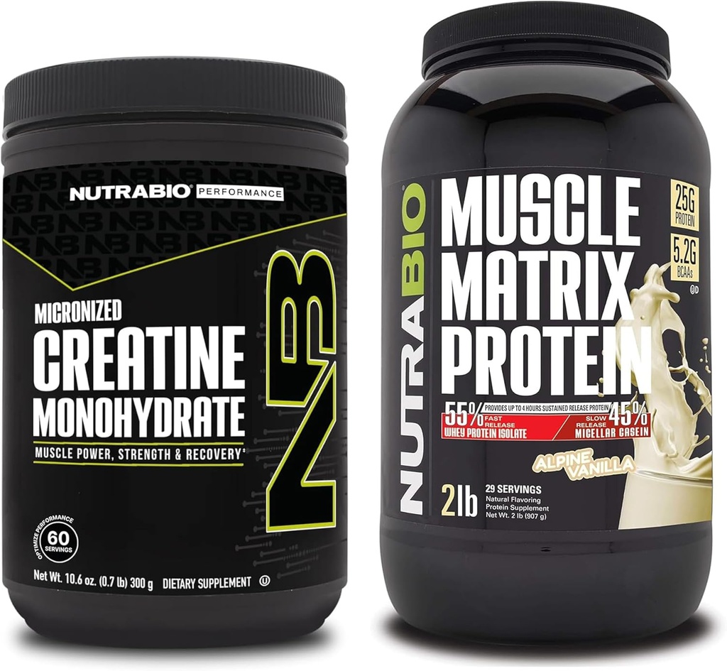 NutraBio Creatine Monohydrate, Unflavored, (300 g) 및 근육 매트 단백질 분말, (Vanilla) 보충 번들 - 근육 에너지, 최대 성장, 회복 및 힘
