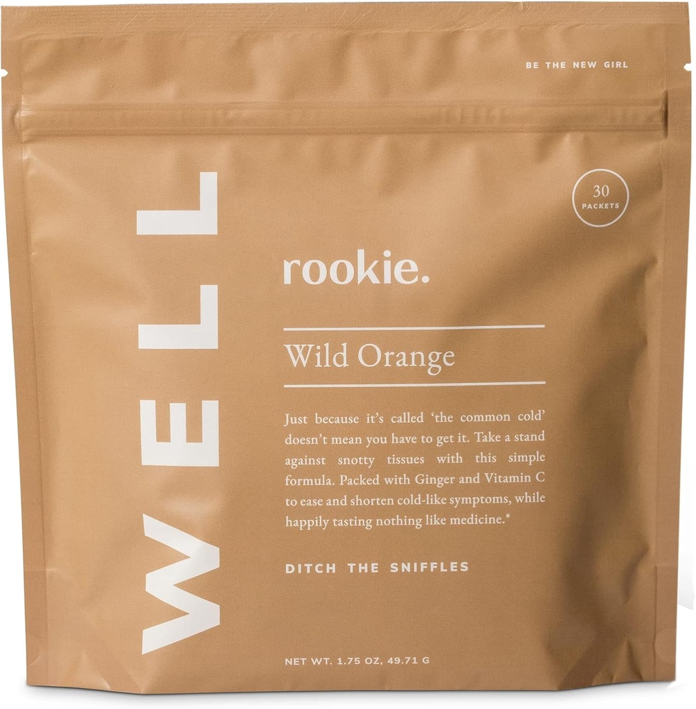 Rookie Wellness Well – 비타민 C 1000 mg, 비타민 E 14 mg, 자연 감귤류 맛의 Ginger와 Vegan 면역 지원 패킷 - 설탕과 필러 무료 (30 인분, 야생 오렌지)