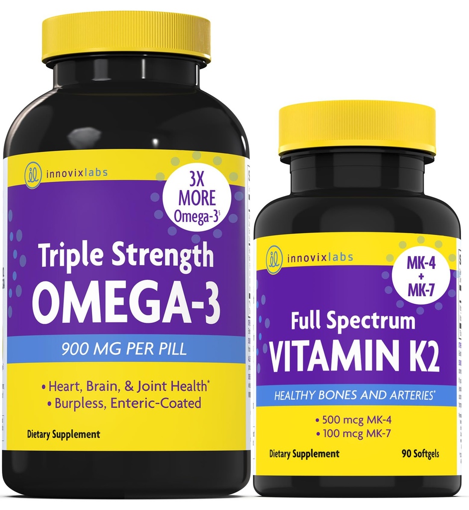 InnovixLabs 비타민 K2 & 트리플 오메가 번들 전체 스펙트럼 비타민 K2 (90 Softgels) 트리플 강도 오메가-3 생선 오일 (200 Softgels). 건강한 뼈, 동맥 및 관절을 지원합니다. *
