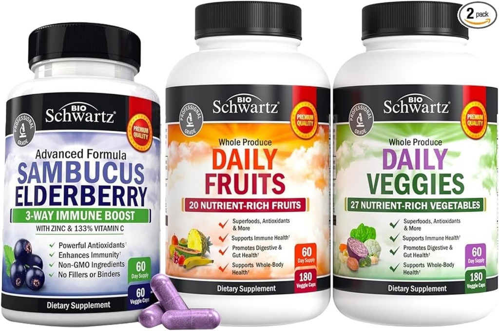 BioSchwartz Daily Fruits and Veggies Supplement for Women and Men (2 개월 공급) 성인 면역 지원을위한 아연과 비타민 C가있는 Elderberry 플러스 (2 개월 공급)
