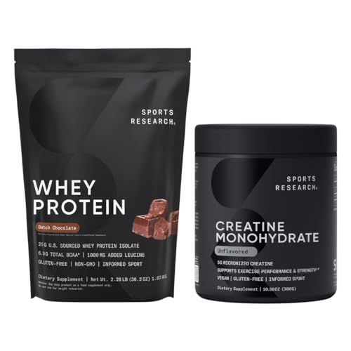 Sports Research® Creatine Monohydrate (10.58 oz) 및 네덜란드 초콜릿 Whey Protein (2 lbs), Lean 근육 건물, 향상된 성능 및 강도 및 운동 회복을위한 동적 듀오