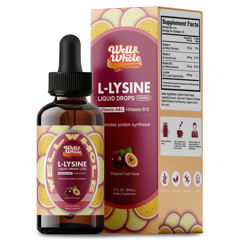 L-Lysine 보충교재 액체 하락 | 성인 & 아이를 위한 비타민 A, C 및 B12를 가진 L-Lysine 1000mg Tincture | 면역 지원, 피부 & 입술 건강, 교원질 종합 | 비 GMO, Vegan, 2 Fl Oz (60 ML)