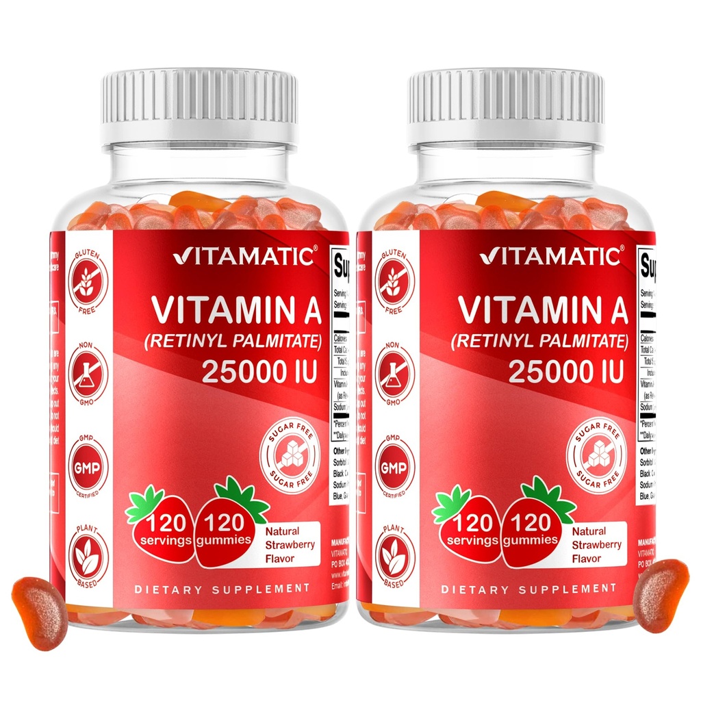 Vitamatic Sugar Free Vitamin A 25000 IU Gummies (Retinyl Palmitate) - 천연 딸기 맛 - 120 Pectin 기반 구미 (2 병)