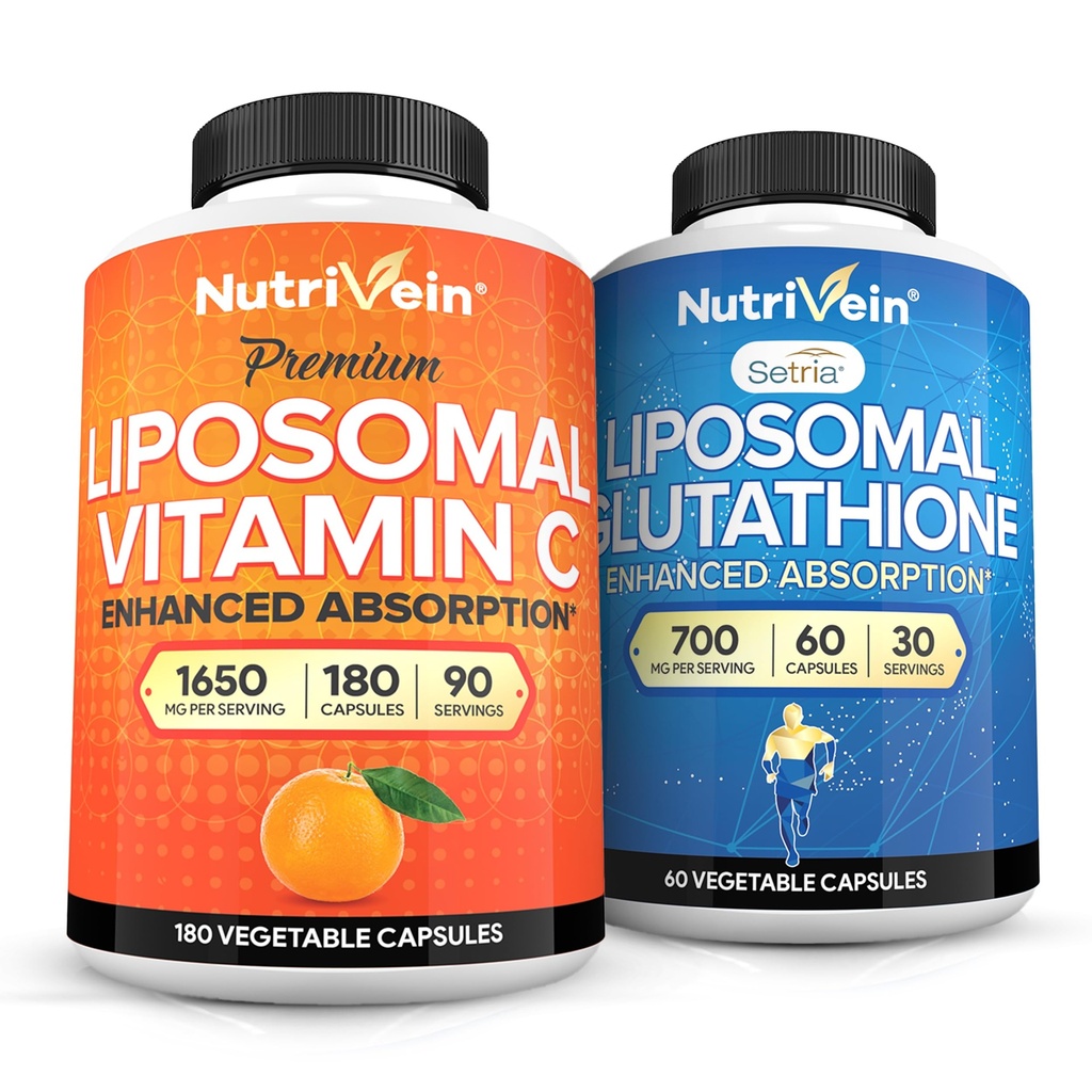 Nutrivein 프리미엄 Liposomal 비타민 C 1650mg & Liposomal 글루타티온 뭉치 - 높은 흡수 아스코르브산 플러스 주인 산화 방지제 & 간결 - 비 GMO, Vegan/Vegetarian - 180 + 60 캡슐