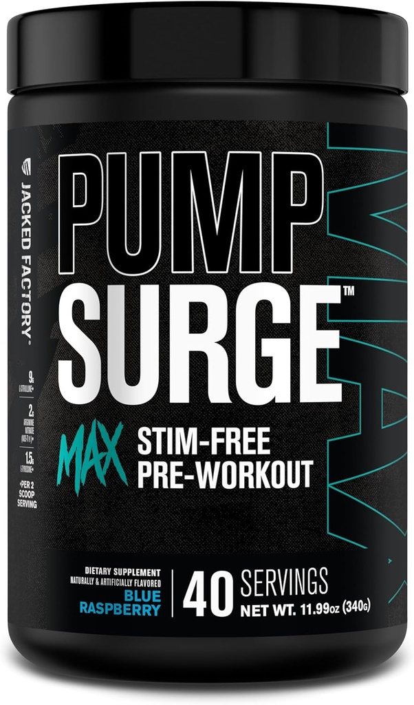Jacked Factory Pumpsurge Max Stim Free Pre Workout - L-Citrulline, N03-T Arginine Nitrate & Glutathione - 40 서빙, 블루 라즈베리