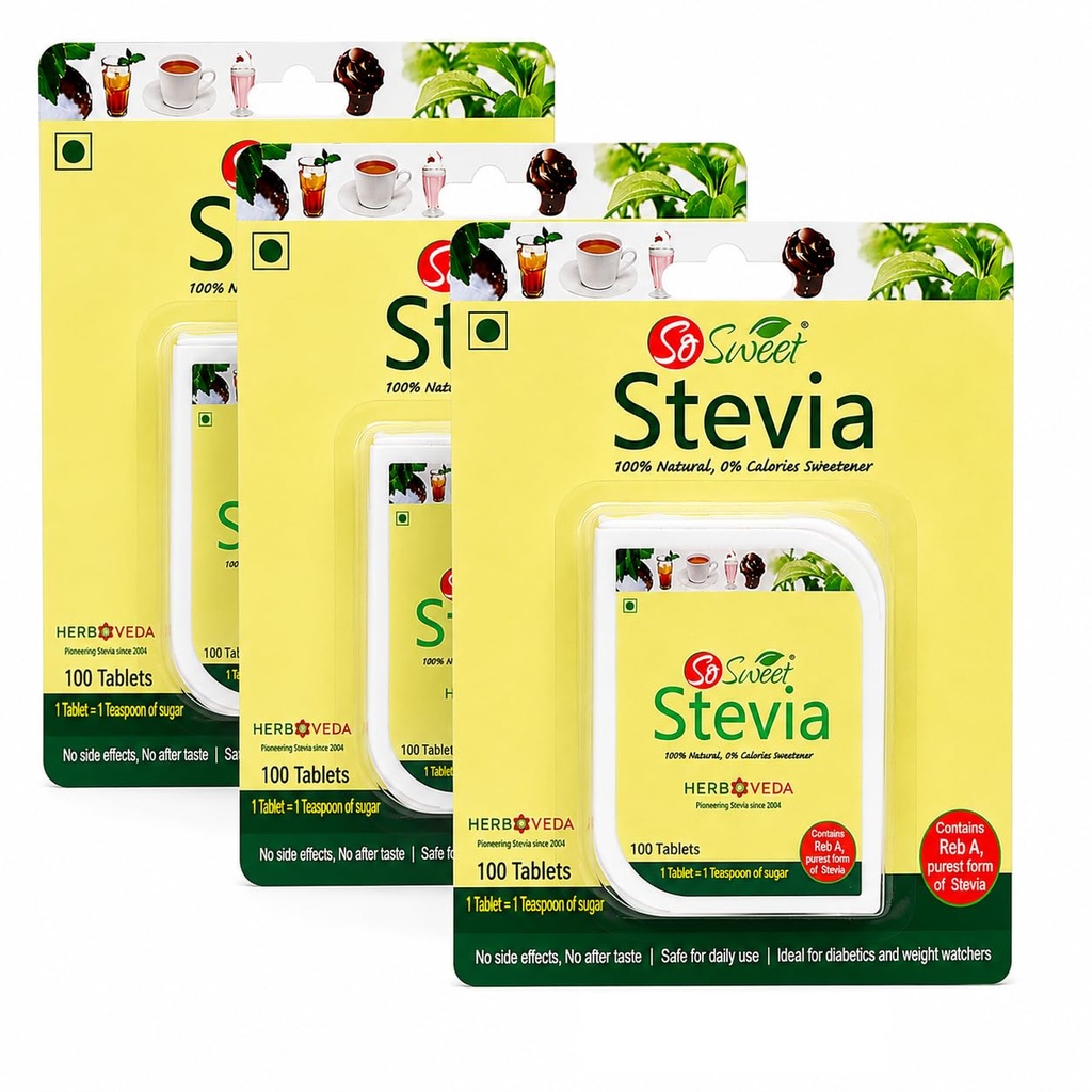 So Sweet Stevia 100% Natural Sugar free Sweetener for Diabetes - 300 Tablets -Pack of 3 (100 Each)