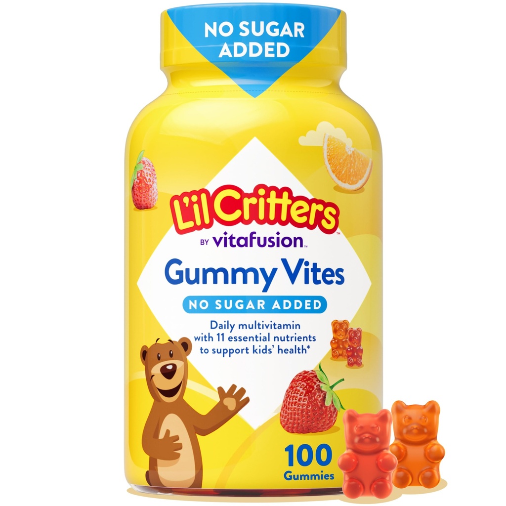 L'il Critters Gummy Vites No Sugar는 2 + 유아 & 아이, 비타민 C, 면역, 딸기 및 오렌지 맛을위한 D3, 100 Gummies를 위한 매일 거미 Multivitamin를 추가했습니다