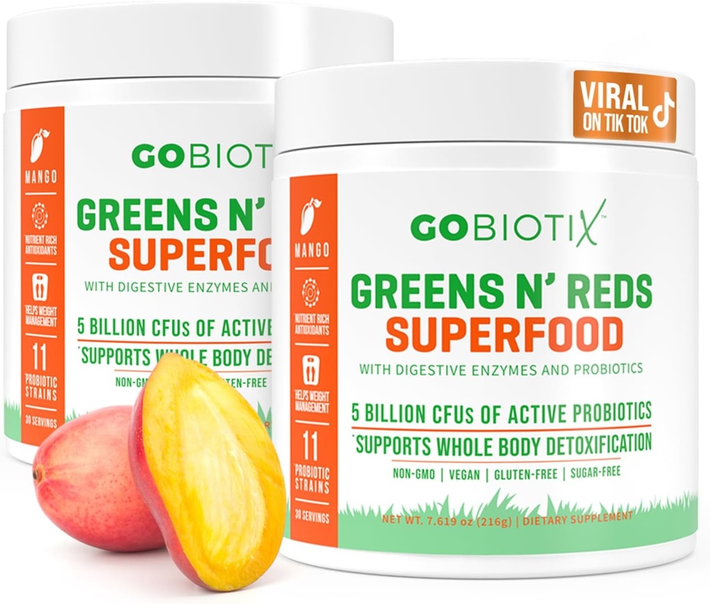 GOBIOTIX Super Greens and Reds Powder - Red and Green Superfood - Probiotic Supplement - 소화 효소 및 베트 루트 분말 - 유기 전체 식품 다이어트 보충교재 (만고, 2 팩)