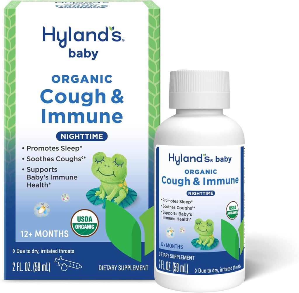 Hyland의 Baby Organic Cough Syrup 및 Immune 지원 Agave, Elderberry 및 Pomegranate, Soothes Cough 및 Immunity, Nighttime, 2 Fl. Oz 지원.