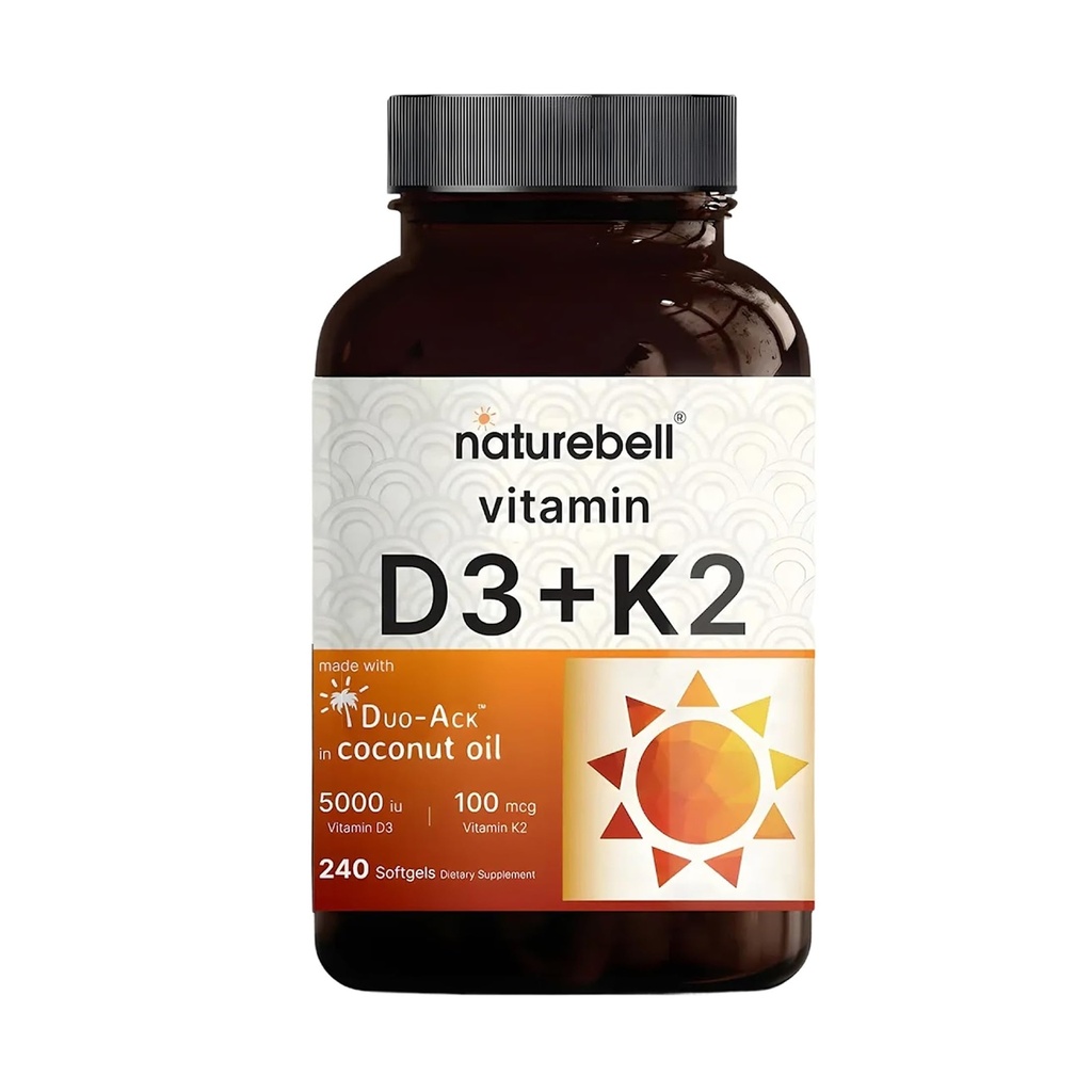 NatureBell 비타민 D3 5,000 IU + K2 100 mcg, 240 Softgels | 버진 코코넛 오일의 매일 2-in-1 공식 | 뼈, 심장 및 면역 지원 | MK-7 양식 | 비 GMO, 글루텐 프리