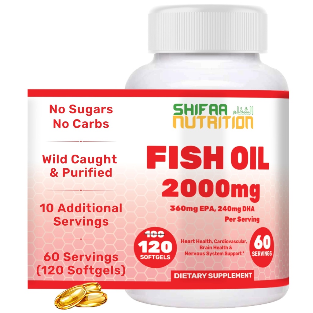 360mg EPA & 240mg DHA를 가진 SHIFAA NUTRITION Halal 물고기 기름 2000mg Softgels. 심장 & 뇌 건강을 위한 100 야생 잡종 & 비 GMO Omega 3 Softgels. Burpless, 쉬운 물고기 기름 Omega 3 보충교재