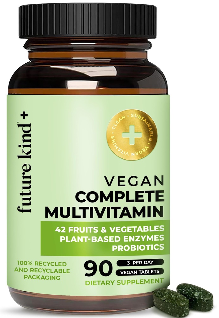 Future Kind Vegan Multivitamins Complete - 42-in-1 Vegan Multivitamins for Women & Men with Enzymes, B12, 아연 및 소화를위한 Probiotics (재 재생 병 90 탭)