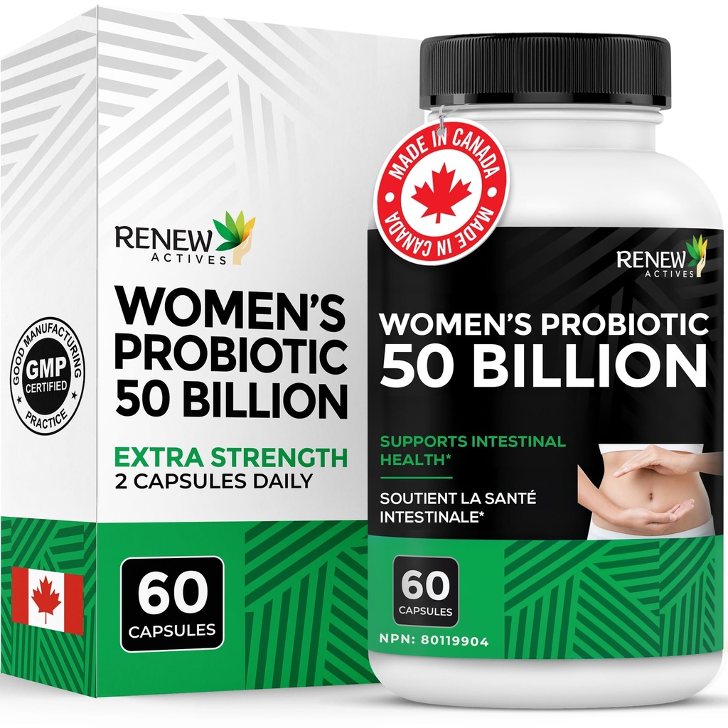 RENEW ACTIVES Probiotics for Women 50 Billion CFU per 2 캡슐 – MAKTREK Technology, 4 Probiotic Strains & Prebiotic Blend– 소화 건강 및 과트 플로라 밸런스 지원– 캐나다에서 만든– 60 캡슐