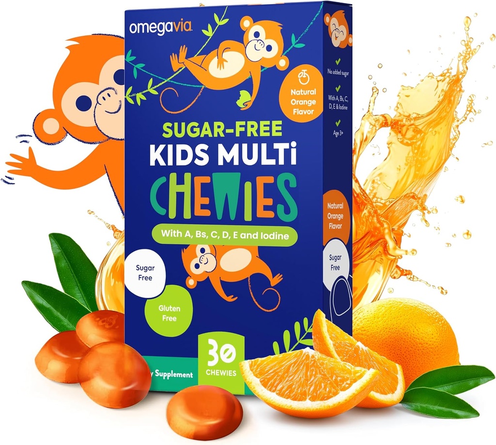 OmegaVia Sugar Free Kids Multivitamin Chewies - 어린이 3, 비타민 A, C, D3, E, B6 & B12, Folate & More, 자연적인 오렌지 풍미, 30 조사를 위한 매일 Chewable 거미 비타민