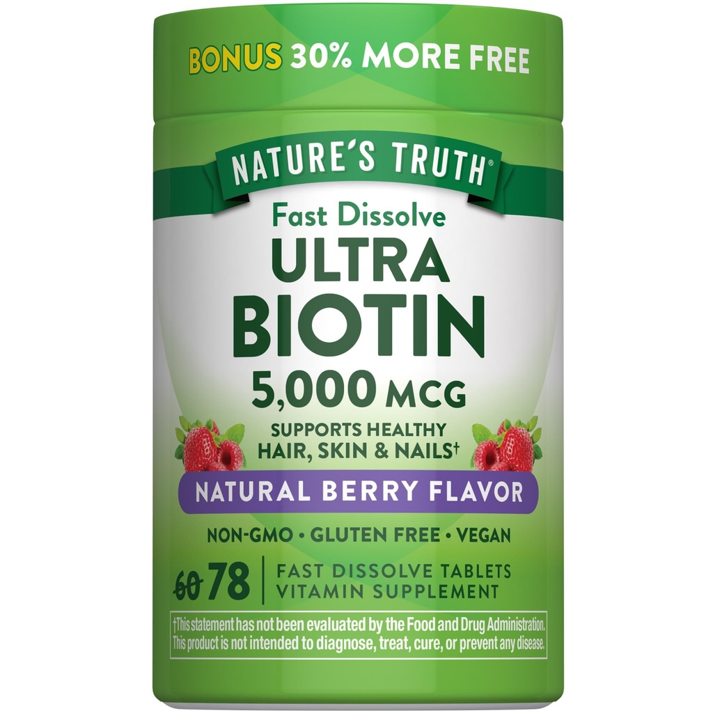 자연의 진실 Biotin 5000mcg | 78 빠른 용해 정제 | 천연 베리 맛 | Vegan, Non-GMO, 글루텐 무료