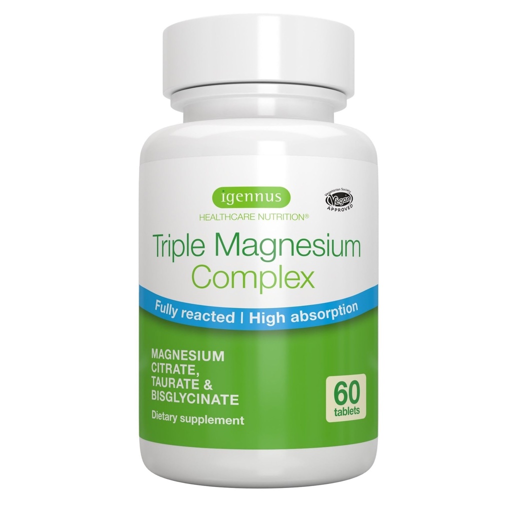 Igennus Superior Triple Magnesium Complex, 완전 Reacted & Chelated Glycinate, Taurate & Citrate, Clean Label, 높은 Bioavailability & 흡수, 60 정제, 채식주의자, 비 버퍼