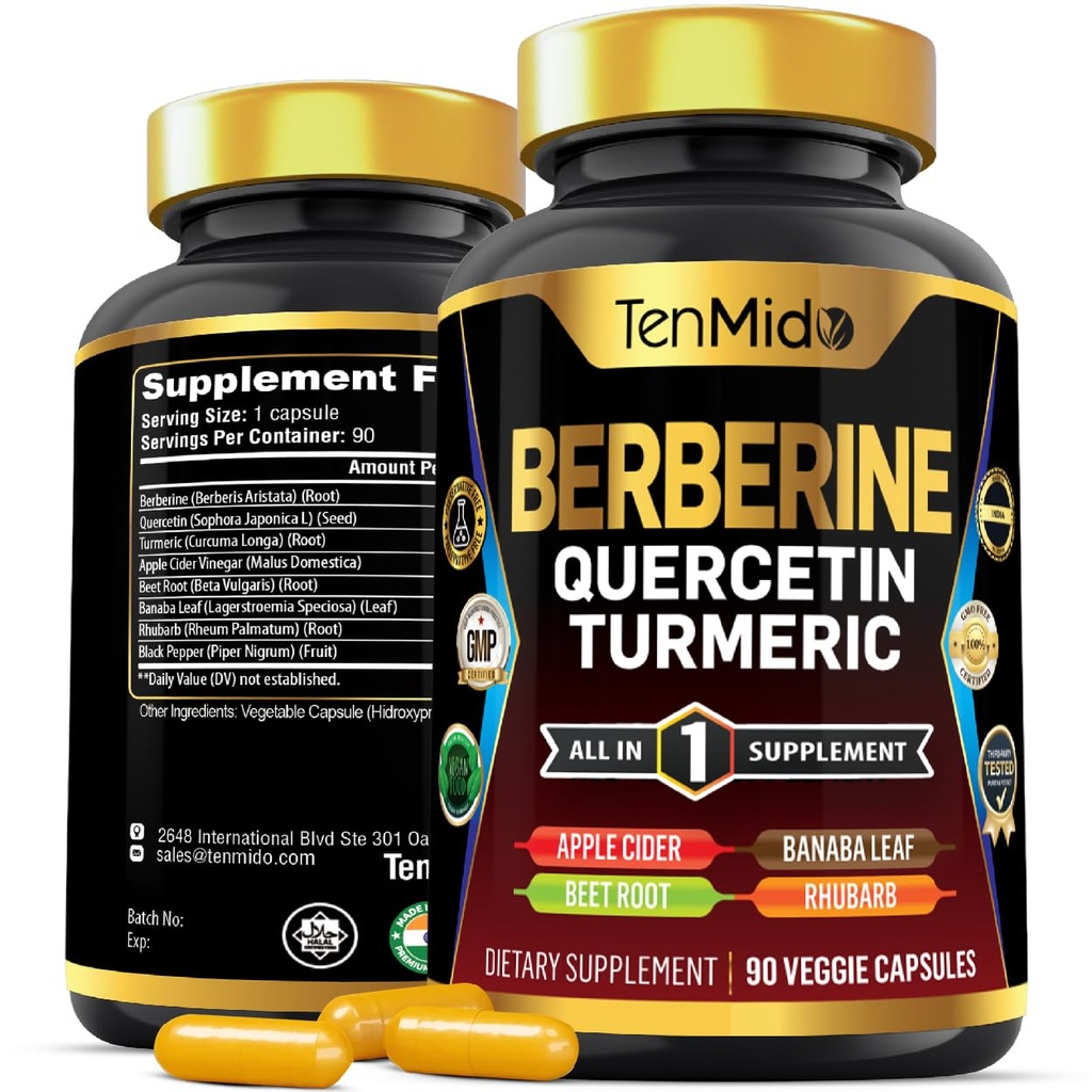 남성과 여성을위한 Berberine 보충, Quercetin, Turmeric, Apple Cider Vinegar, Beet Root & More - Digestive, Immune Support - Nutrient의 풍부한 - 90 캡슐