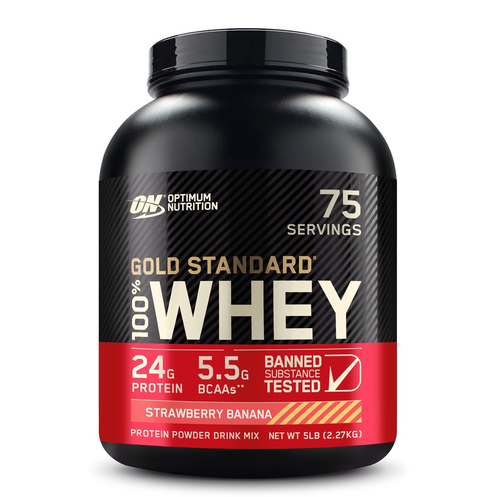 최적 영양 골드 표준 100 % Whey Protein Powder, Strawberry Banana, 5 파운드 (패키지 May Vary)
