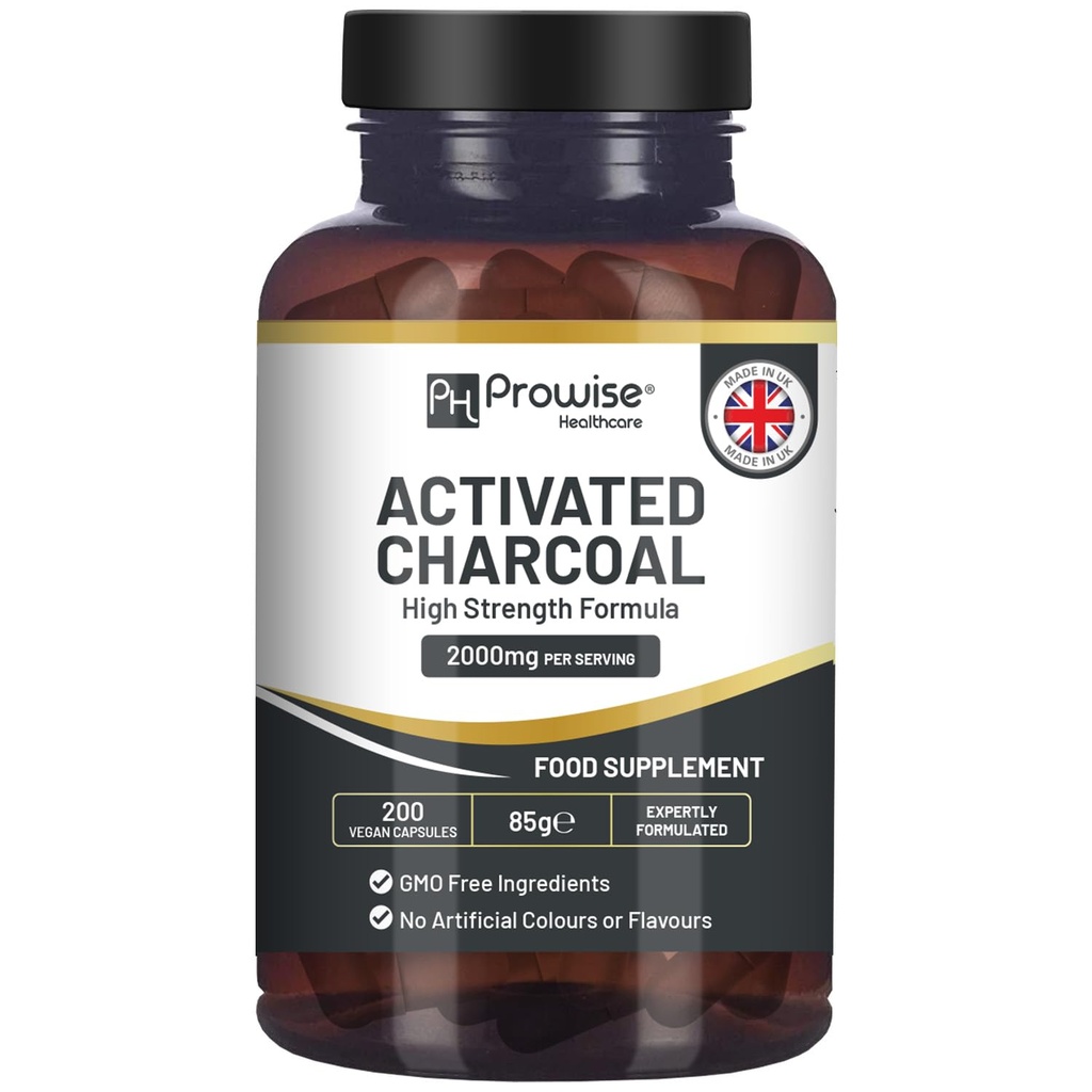 활성화된 목탄 캡슐 - 200 고강도 Vegan 캡슐 - Prowise Healthcare로 영국에서 만든 서빙 당 2000mg