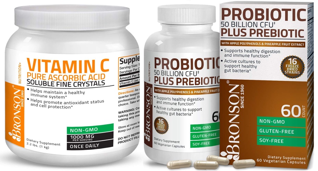 Bronson Probiotic 50 억 CFU + 애플 폴리 페놀 & 파인애플 과일 추출물 비타민 C 분말 순수한 아스코르브산 수용성 정밀한 비 GMO 결정에 Prebiotic