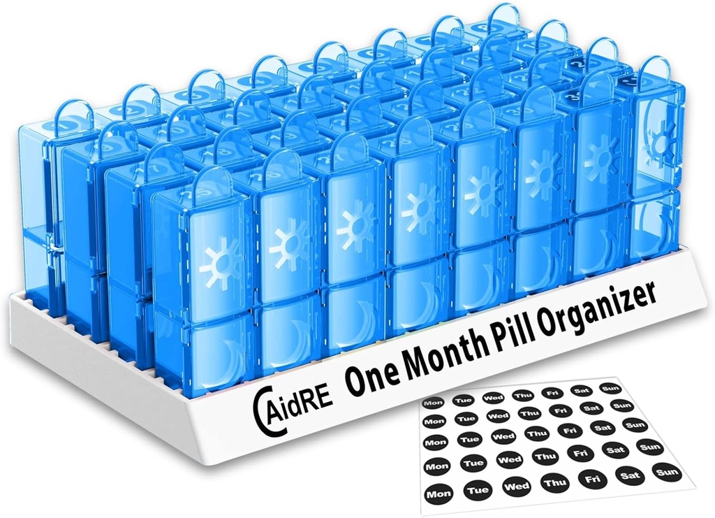 31 일 알약 주최자 AM / PM - 약물, 비타민 및 보충제를위한 월간 알약 상자 - 일 알약 케이스, 4 주간 일일 알약 주최자, 블루