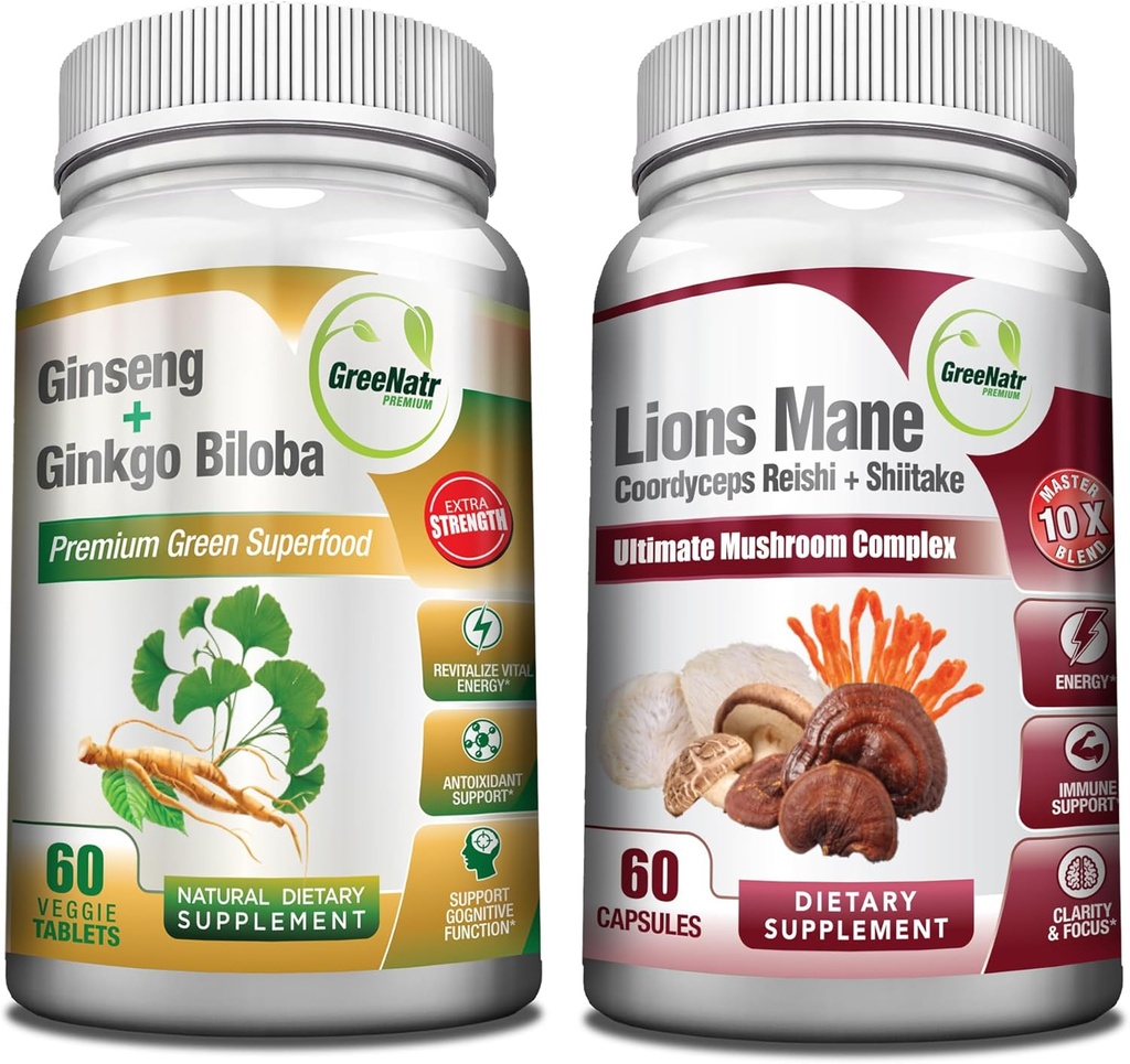 GreeNatr 버섯 보충교재, Lions Mane, Cordyceps, Shiitake, Chaga, Turkey 꼬리와 결합된 우리의 에너지와 뇌 초점 자연적인 승압기와 Ginkgo Biloba를 가진 10에서 1 혼합