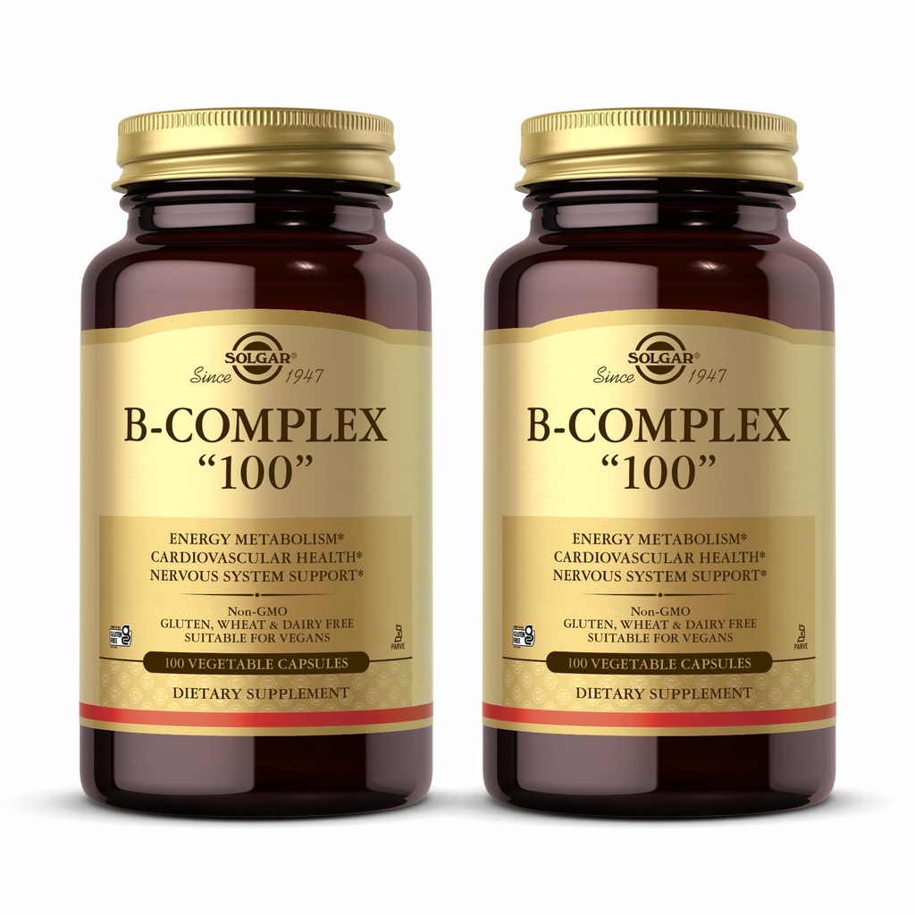 Solgar B-Complex 100" - 100 야채 캡슐, 2 팩 - 에너지 대사, 신경 시스템 지원 - 비 GMO, Vegan, 글루텐 무료 - 200 총 봉사