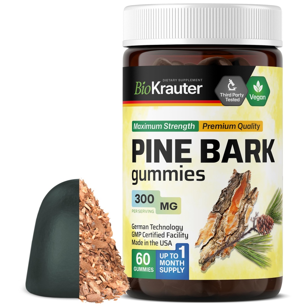 BIO KRAUTER 소나무 껍질 추출물 Gummies - 300 mg 힘 - 60 Vegan Chews - 프랑스 해상 소나무 껍질 추출물 - 산화 방지제 보충교재 - 95% Proanthocyanidins - Pectin 근거한 공식