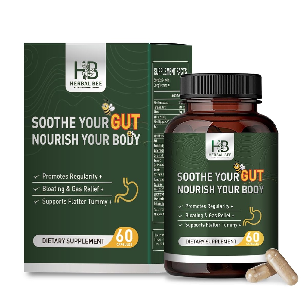 초본 BEE Gut 건강 - 가스 및 부유 한 구호, 변비, 누출 구트 수리 - Gut Cleanse & Restore Digestion - 일반 촉진, 콜론 클렌저, 60 캡슐
