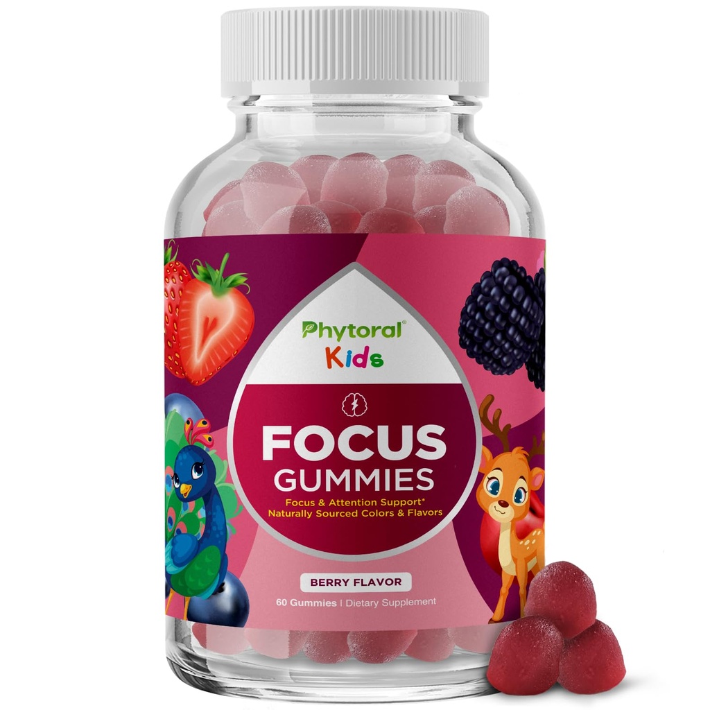 Phytoral Vegan Kids Focus Gummies - 아이들을위한 강력한 킬러블 두뇌 지원 - 농축 및 메모리 강화 - 어린이를위한 Calming 보조 식품 및 초점 Gummies - Non-GMO 및 글루텐 - 무료 - 60 카운트