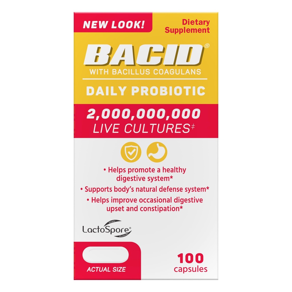 Bacid Daily Probiotic with Bacillus Coagulans, 소화 건강을위한 다이어트 보충, 100 캡슐