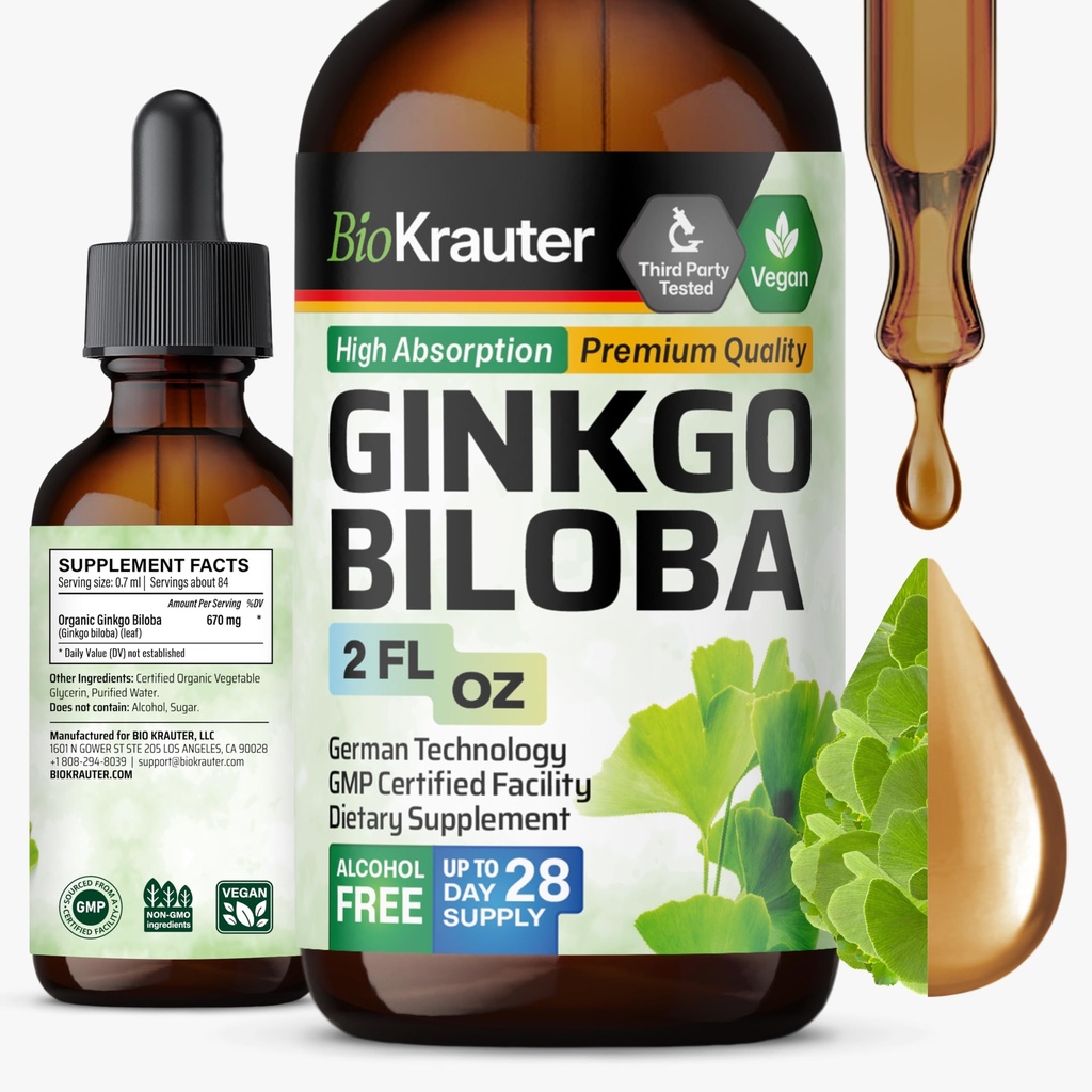 BIO KRAUTER Ginkgo Biloba 추출물 - 뇌에 대한 액체 Ginkgo Biloba 보충제 - 채식주의, 알코올 및 설탕 무료 - 2 Fl Oz