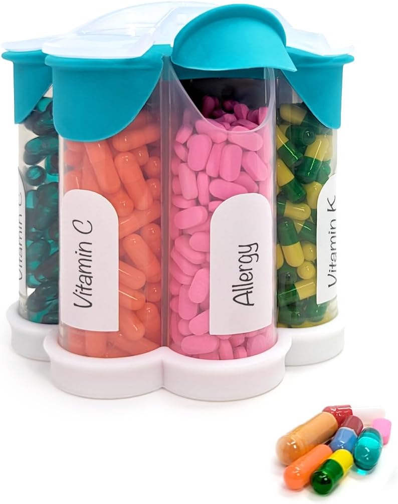 추가 대형 알약 주최자 매일, 주간, 월간 보충 병, 7 XL Compartments가있는 귀여운 Blossom Pill 분배기, 비타민, 약물, 라벨 포함 (Teal)을위한 쉬운 오픈 알약 상자