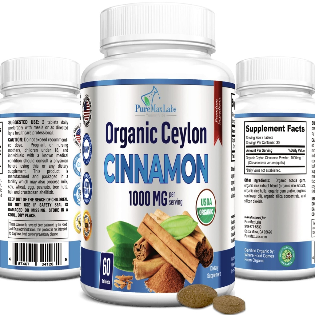 유기 Ceylon Cinnamon - 서빙 당 1000mg, 증명된 유기 진실한 Cinnamon 보충교재, 산화 방지제, 빠른 흡수 - 60의 정제