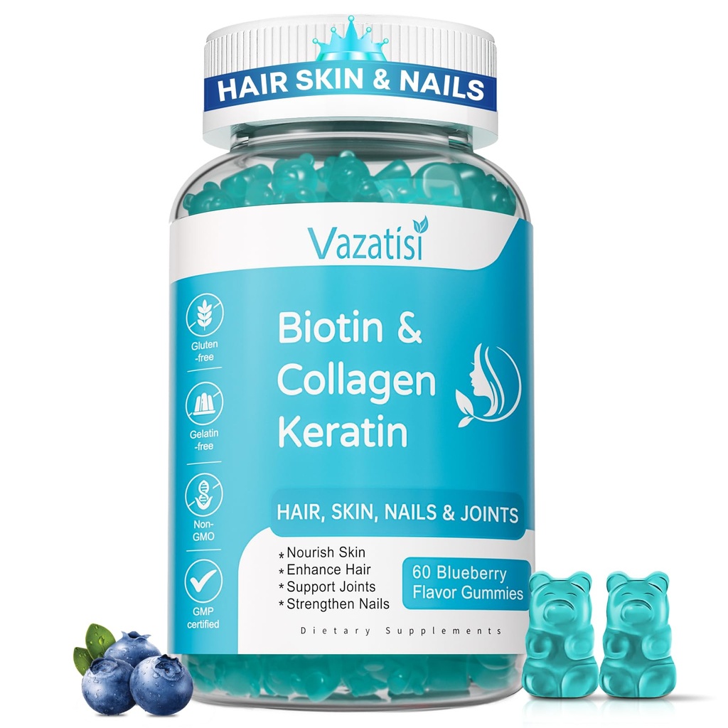 Biotin Gummies with Collagen & Keratin for Hair Skin Nails- 지원 헤어 성장과 강한 손톱, 여성 남성, 아이 - 60 블루 베리 맛 Gummies